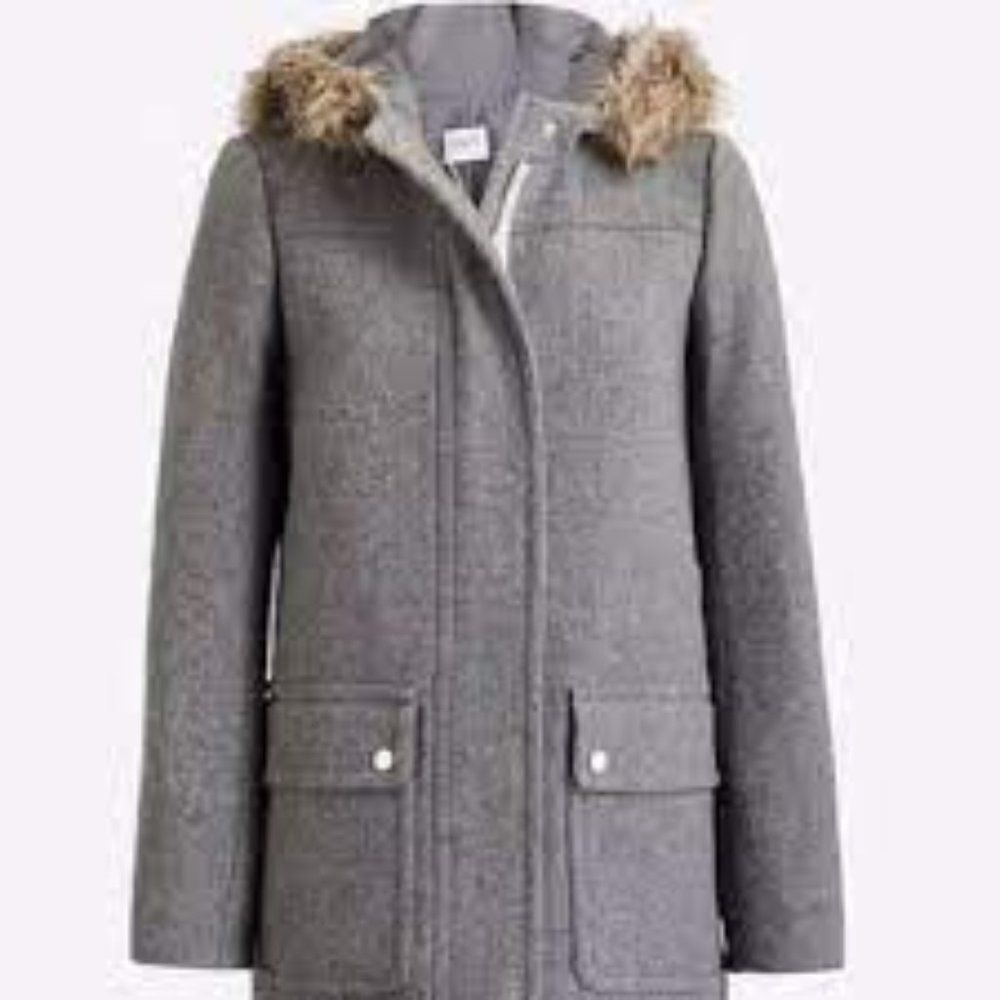 J.Crew Mercantile Womens Wool Blend Faux Fur Hooded Parka Coat Grey Size 0 NEW